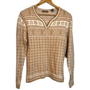 I. E. Relaxed Tan White Fair Isle Angora Wool Blend Pullover Sweater Medium New